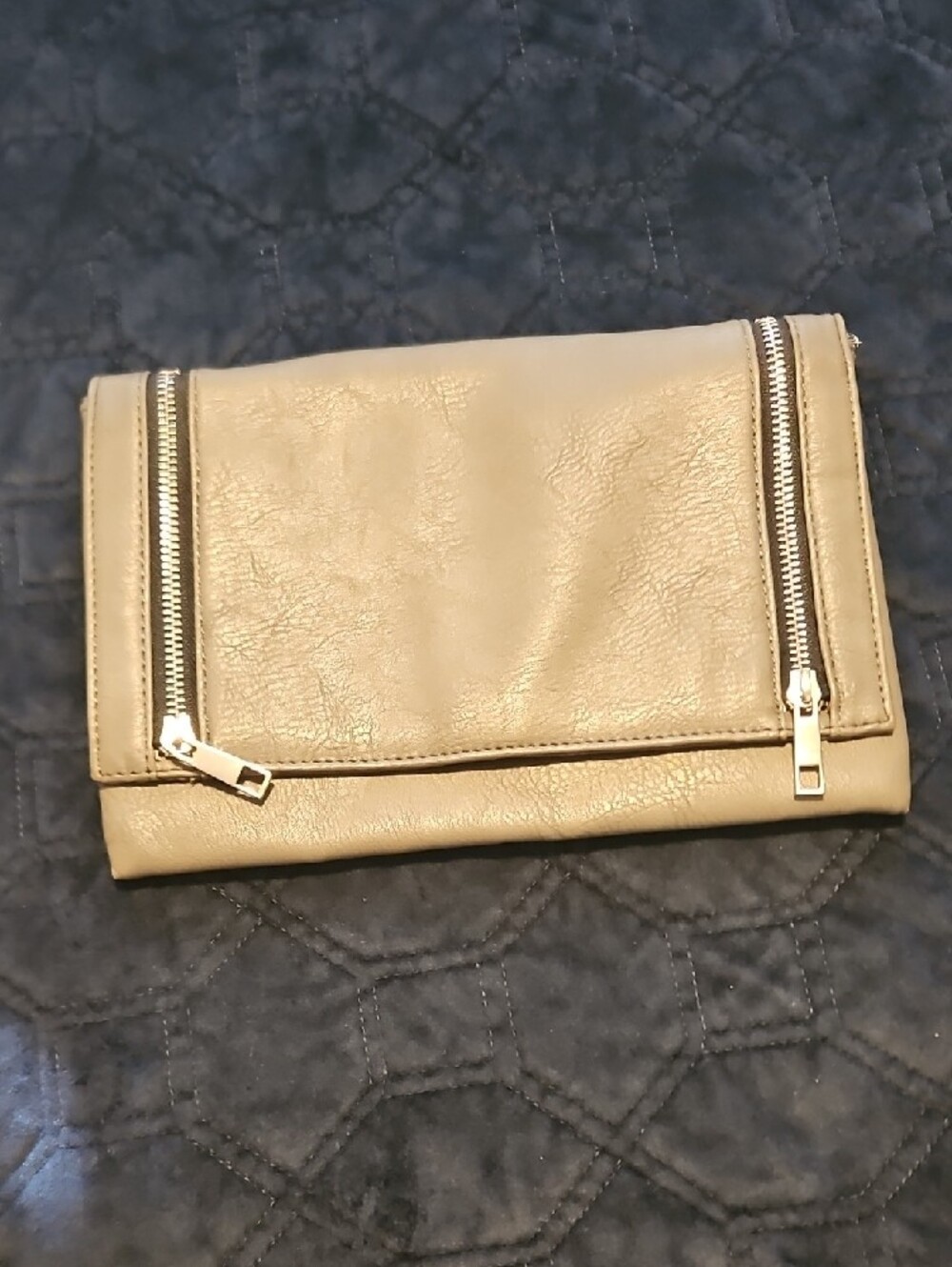 Leather Zip-Accent Foldover Clutch in Grey